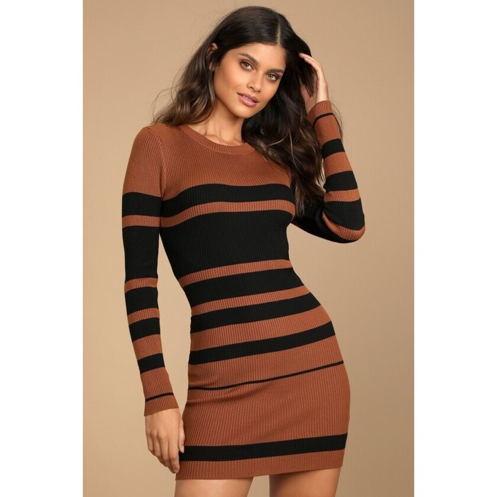 Lulus Thankful For You Brown And Black Striped Sweater Dress - Size M